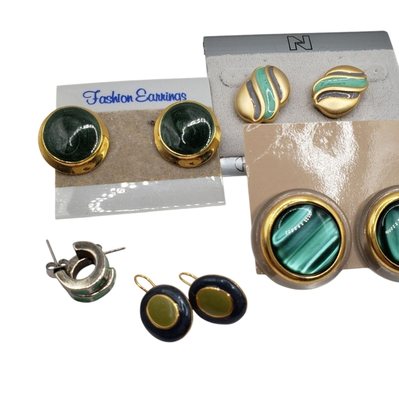 Vintage Assorted Green Gold Earrings Lot Bundle 80's 90's 7 Piece - Picture 6 of 6